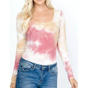 LE LIS Tie-Dye Ribbed Jersey Snap Crotch Bodysuit Blouse Top L/S Medium NWT